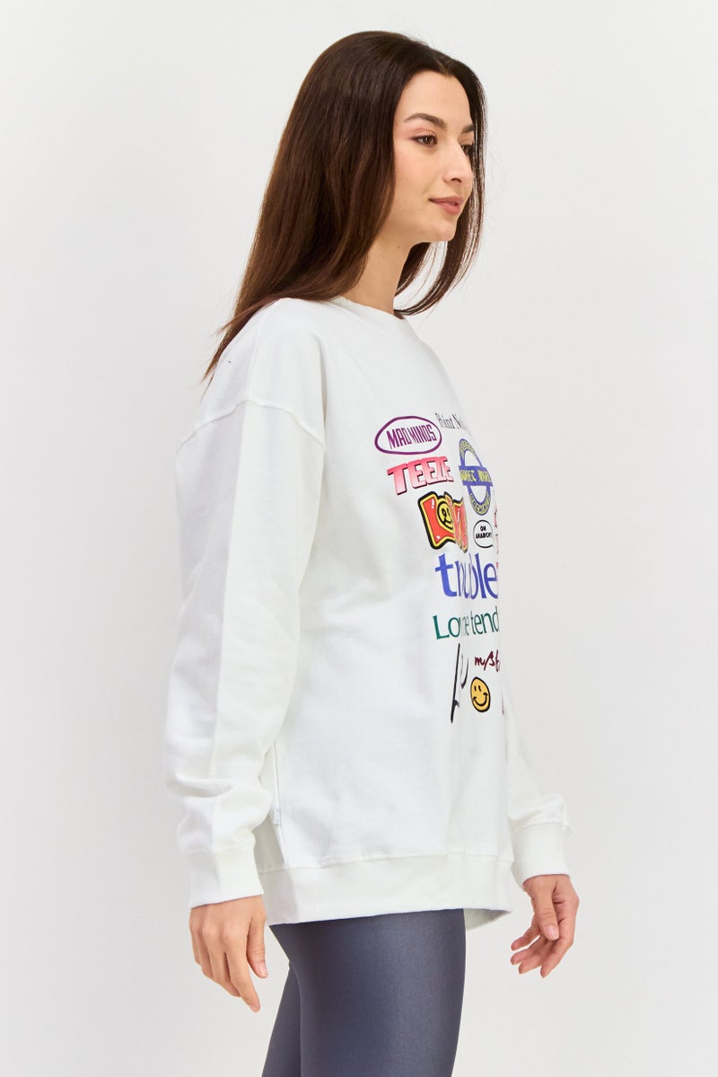 Misfit Women Crew Neck Long Sleeve Graphic Print Sweatshirts, White Combo - Image 4