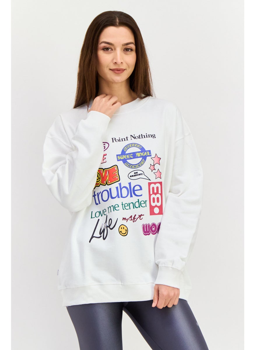 Misfit Women Crew Neck Long Sleeve Graphic Print Sweatshirts, White Combo  - Image 1