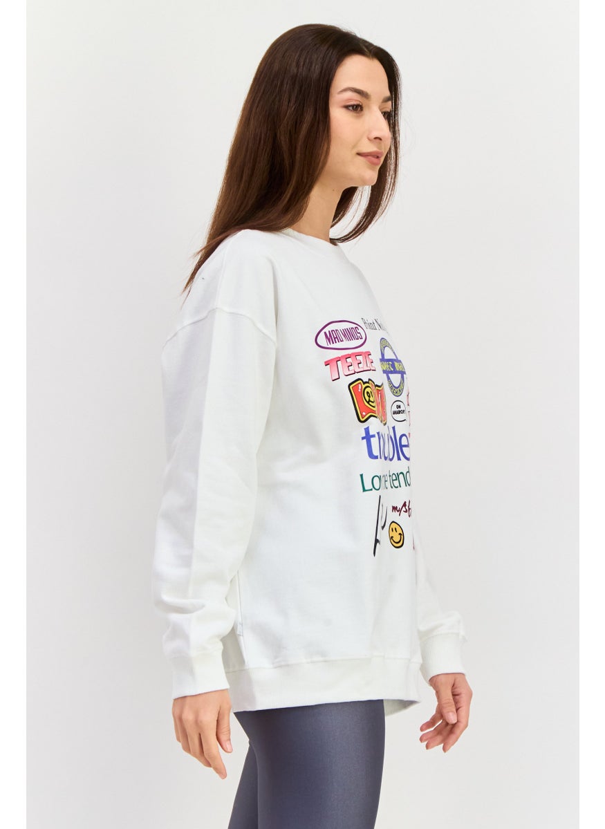Misfit Women Crew Neck Long Sleeve Graphic Print Sweatshirts, White Combo  - Image 4