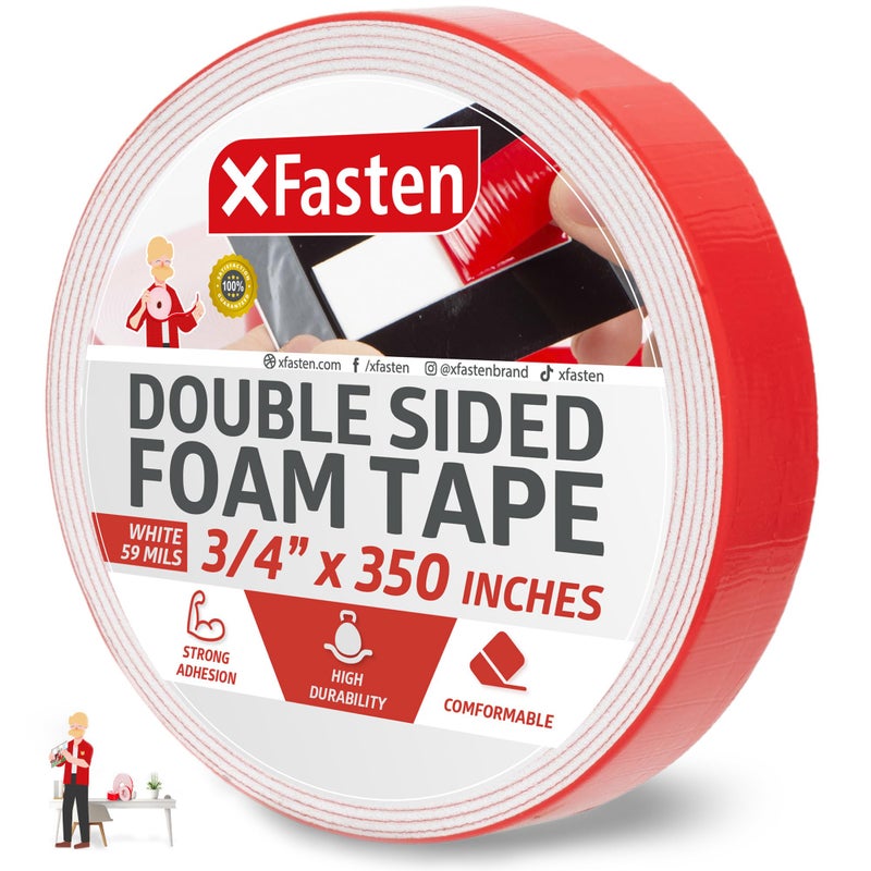 XFasten Double Sided Tape Foam Mounting Tape, 3/4-Inch x 350-Inch Foam Tape Craft Heavy Duty Mounting Tape Double Sided - Image 1
