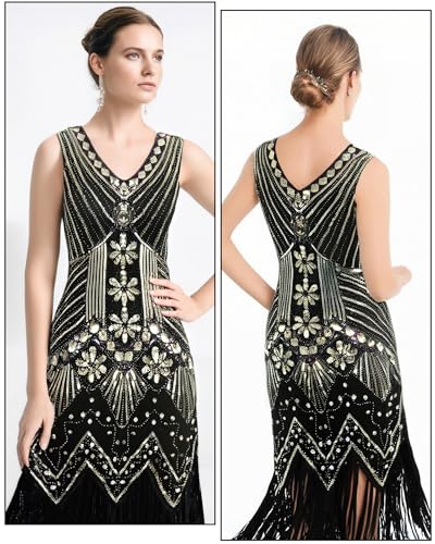 WooHand 1920s Dresses Outfits for Women Roaring 20s Flapper Dresses Costumes for Women Sequin Fringe Set with 1920s Costumes Accessories Black XL - Image 3