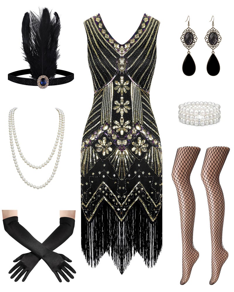 WooHand 1920s Dresses Outfits for Women Roaring 20s Flapper Dresses Costumes for Women Sequin Fringe Set with 1920s Costumes Accessories Black XL - Image 2