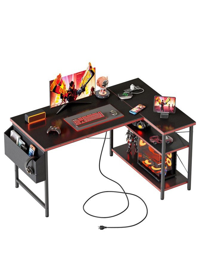 Mericonia Small L Shaped Computer Desk with Power Outlets, Gaming Desk for Small Spaces, Corner Desk with Reversible Storage Shelves, Study Writing Table for Home Office - Image 1