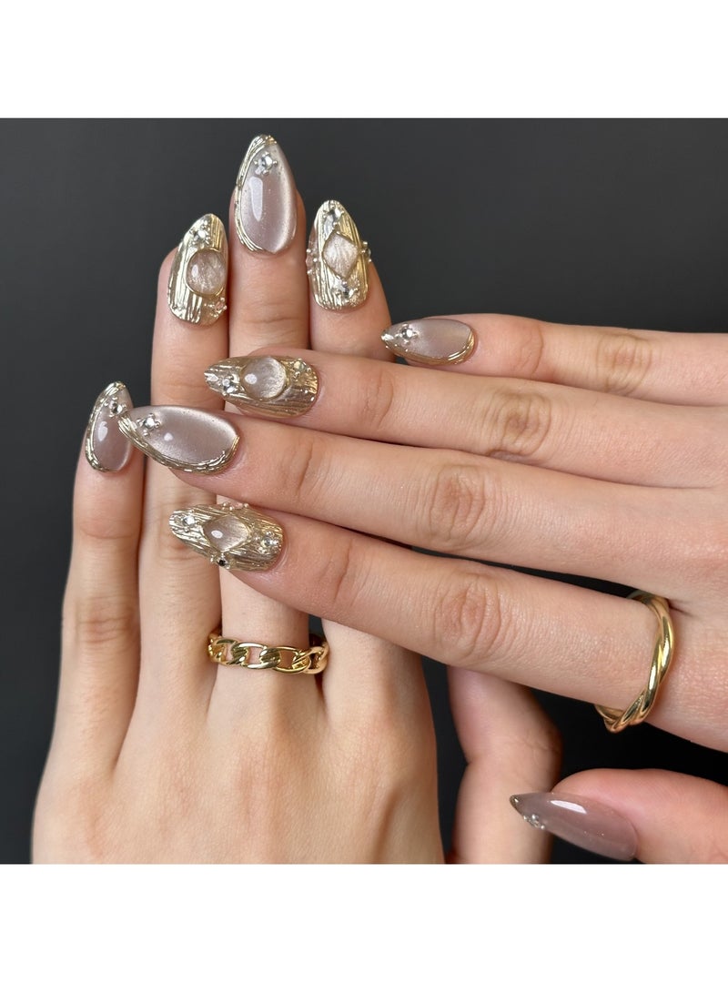 Press On Nails, Fake nails 10 PCS, Fully Handcrafted Nails With Glue Kit Brown Medium Buchirati Style Almond Reusable For Women Girls - Image 1