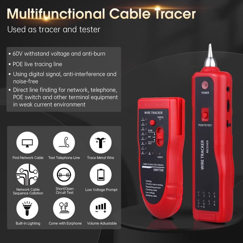 COOLCOLD LAN Cable Tester with Wire Tracker | RJ45 RJ11 Network Cable Tester & Line Finder | Ethernet LAN Cat5 Cat6 Cable Tracker for Telephone Phone Line Testing | Tone Probe Kit with 2×9V Batteries - Image 4