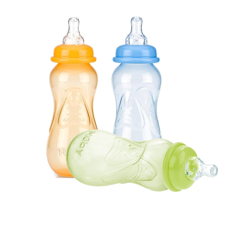 Nuby Non-Drip Standard Neck Bottles, 10 Ounce, Colors May Vary, Pack of 3 Bottles - Image 1