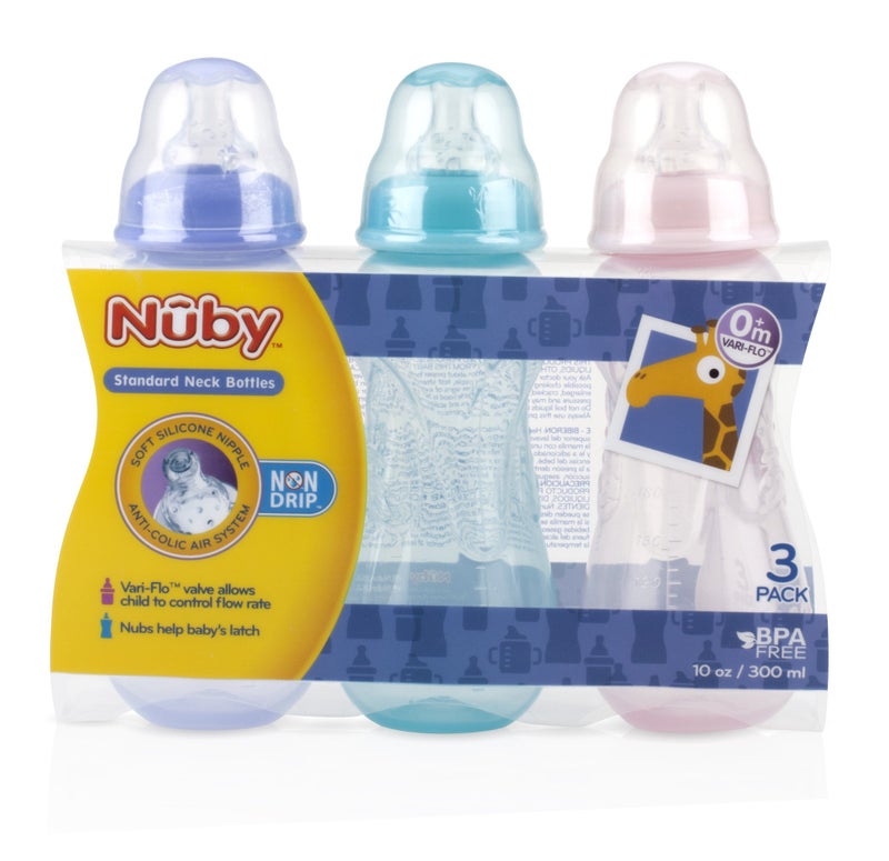 Nuby Non-Drip Standard Neck Bottles, 10 Ounce, Colors May Vary, Pack of 3 Bottles - Image 2