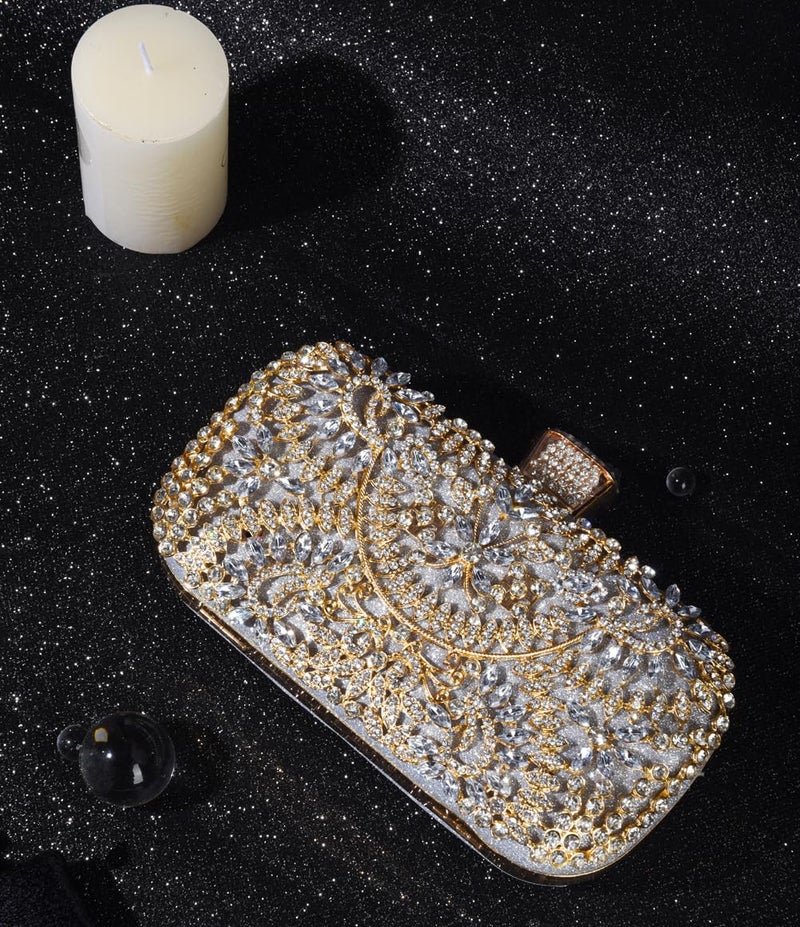Covelin Women's Rhinestone Decorated Evening Bag, Tote Shoulder Crossbody Handbag with Chain (Silver) - Image 2