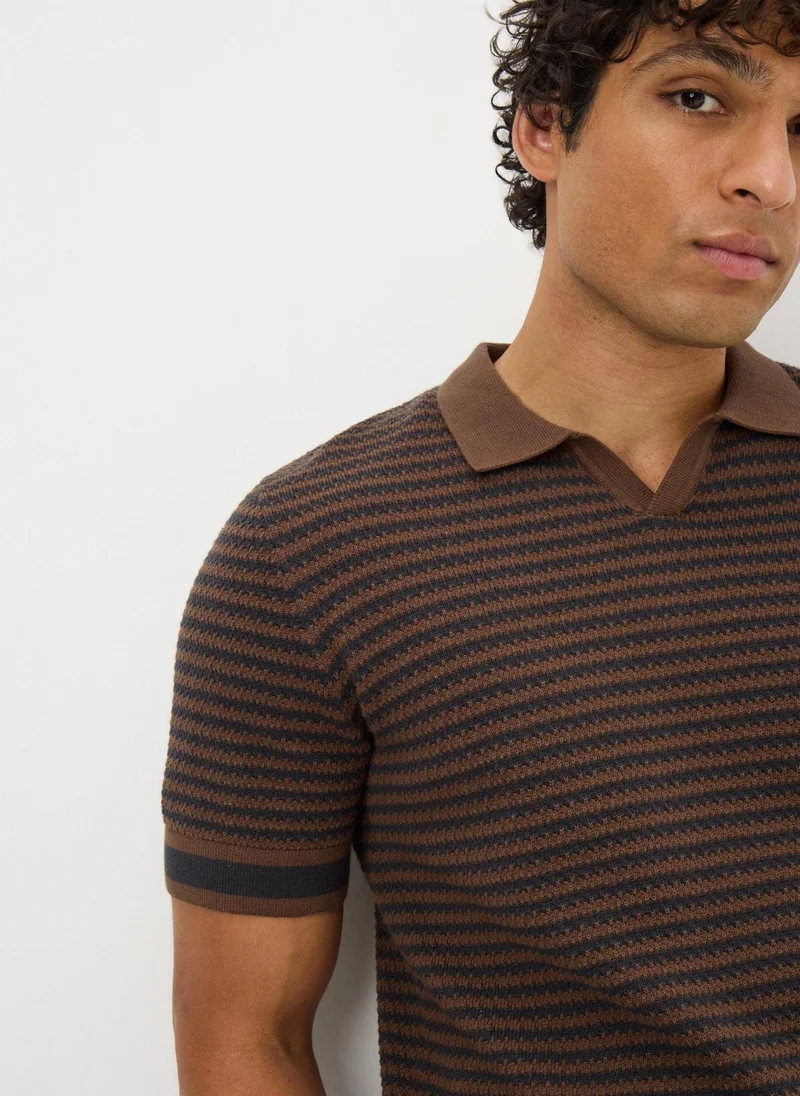 Matalan Brown Stripe Knitted Polo Shirt
