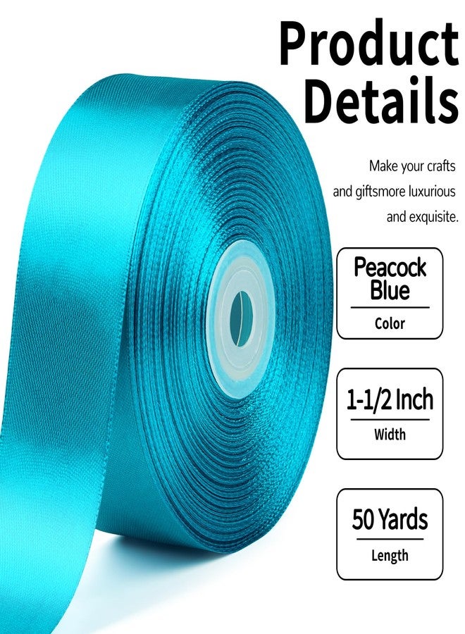 Mauproy 1-1/2 Inch Wide Peacock Blue Satin Ribbon, 50 Yards Turquoise Solid Polyester Fabric Ribbon for Roses Making, Gift Wrapping, Flower Bouquets, Wedding Decorations, Handmade Crafts - Image 2