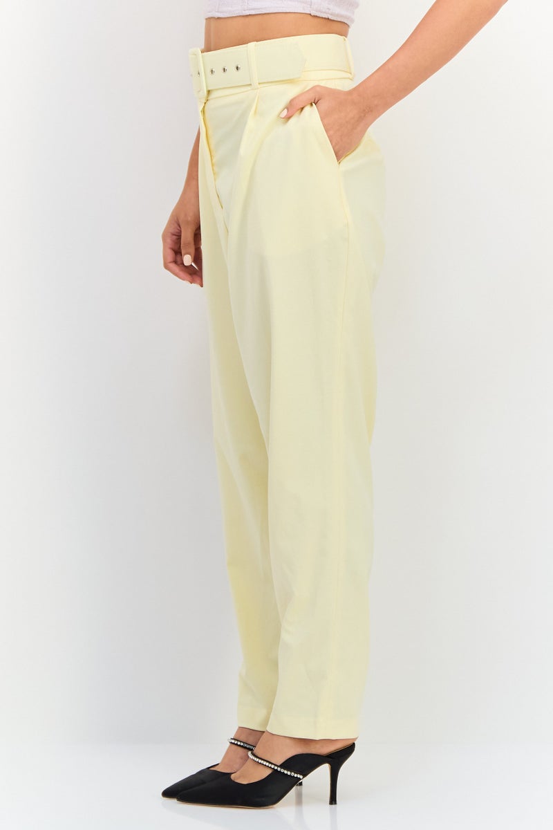 KOTON Women Regular Fit Solid Tapered PantS With Belt, Pale Yellow - Image 3