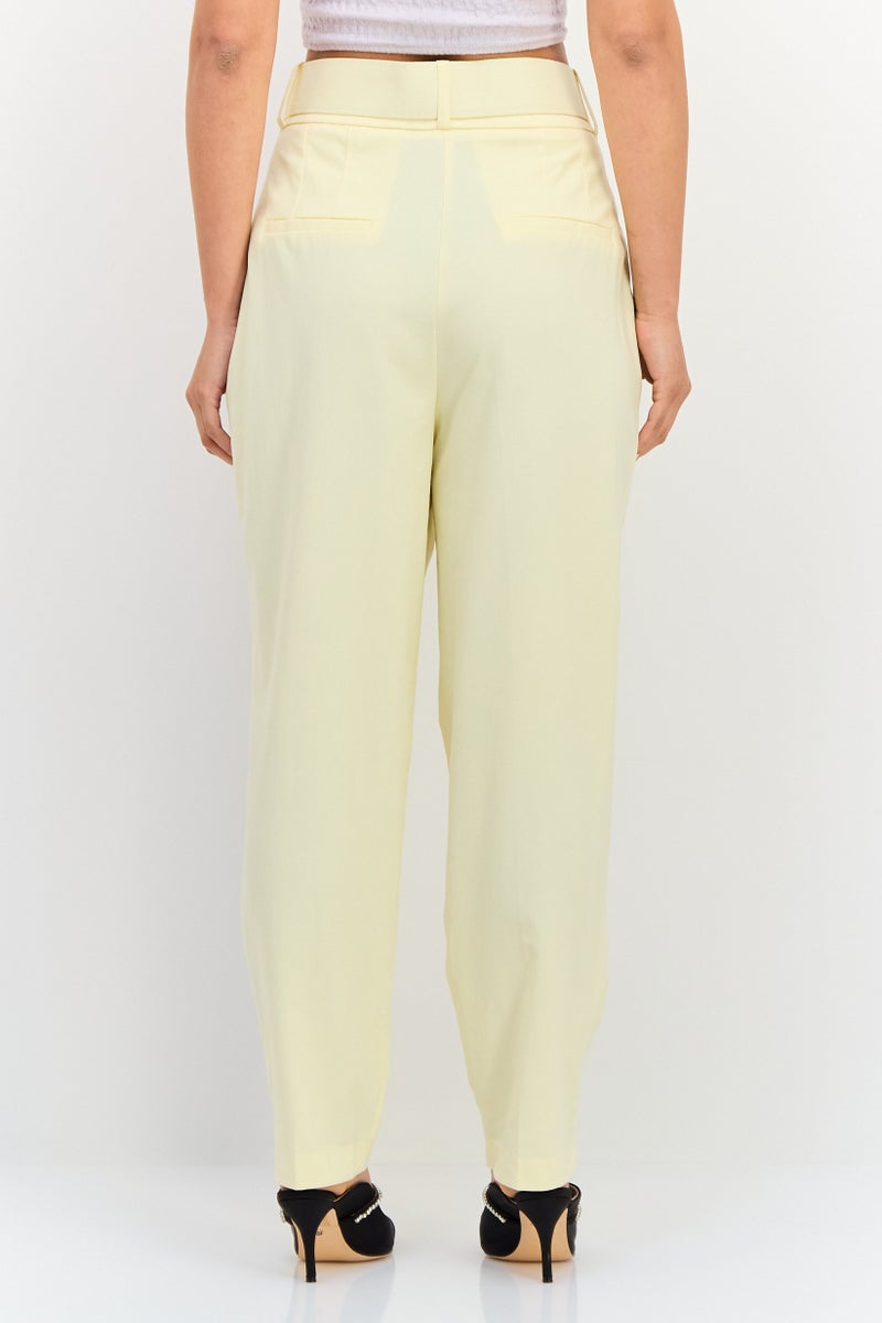 KOTON Women Regular Fit Solid Tapered PantS With Belt, Pale Yellow - Image 2