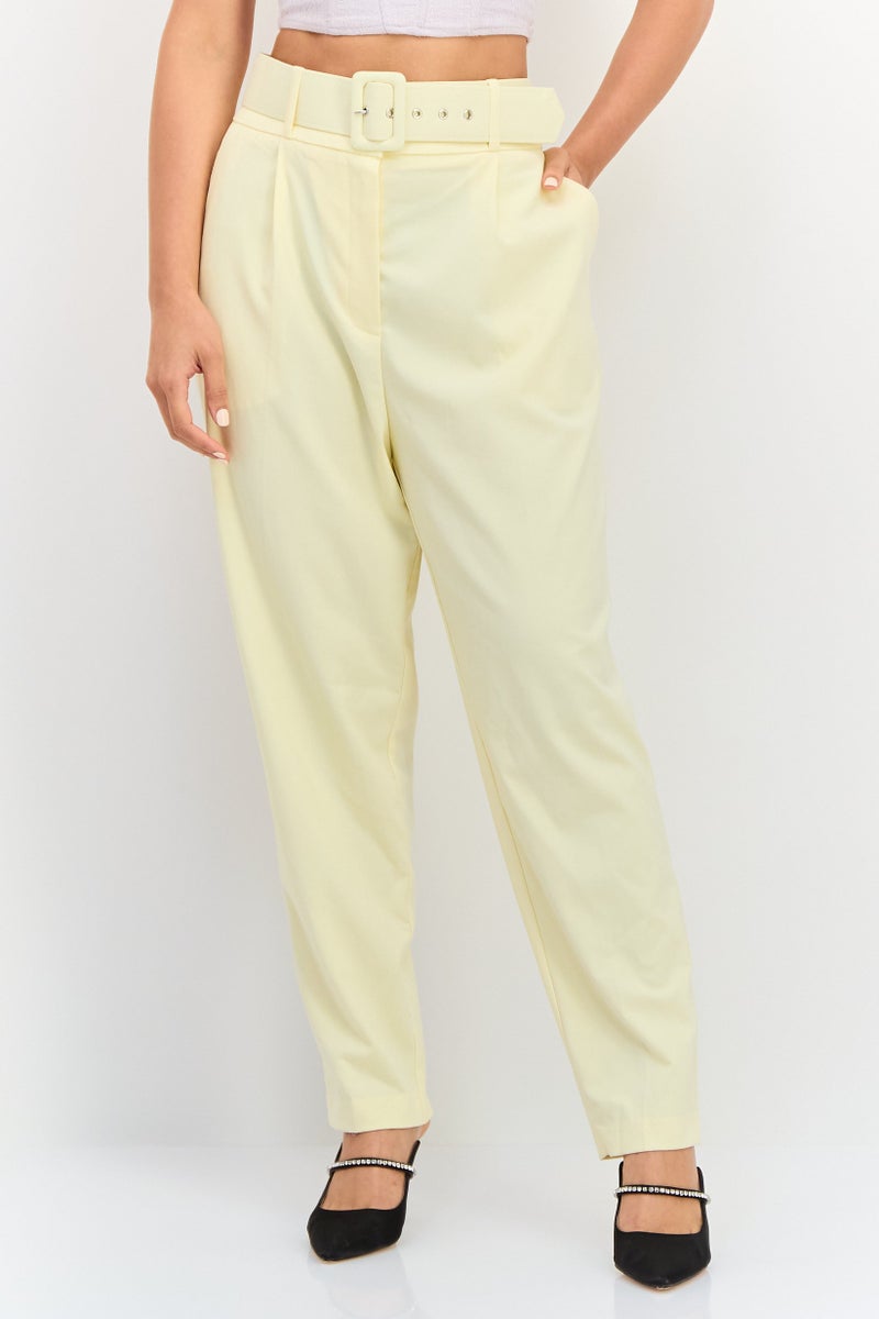 KOTON Women Regular Fit Solid Tapered PantS With Belt, Pale Yellow - Image 1