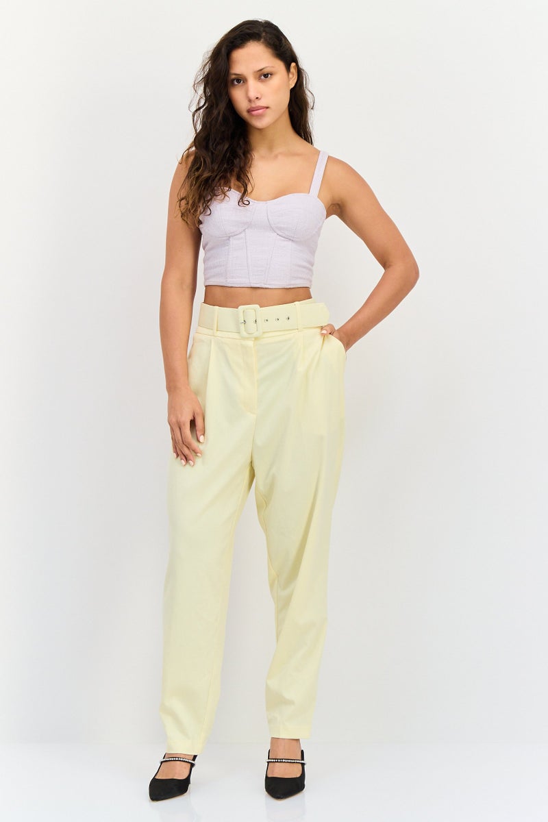 KOTON Women Regular Fit Solid Tapered PantS With Belt, Pale Yellow - Image 4