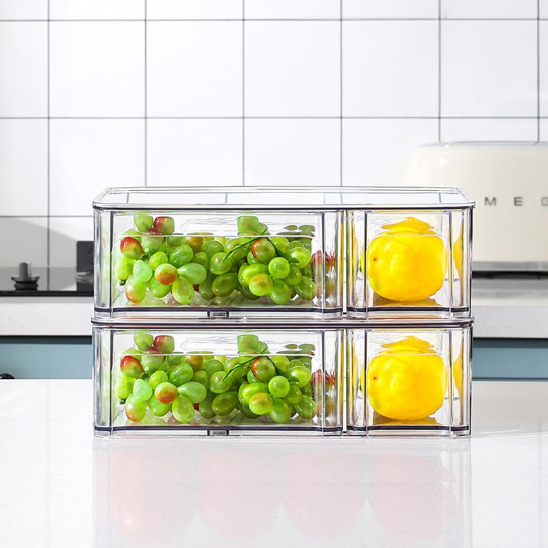 MANO 2PACK Stackable Refrigerator Drawers Pull Out Clear Fridge Drawer Organizer Bins Divided Storage Box Plastic Food Containers Set for Pantry Kitchen Cabinet Dresser Clothes - Image 1