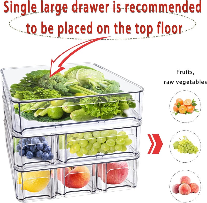 MANO 2PACK Stackable Refrigerator Drawers Pull Out Clear Fridge Drawer Organizer Bins Divided Storage Box Plastic Food Containers Set for Pantry Kitchen Cabinet Dresser Clothes - Image 3