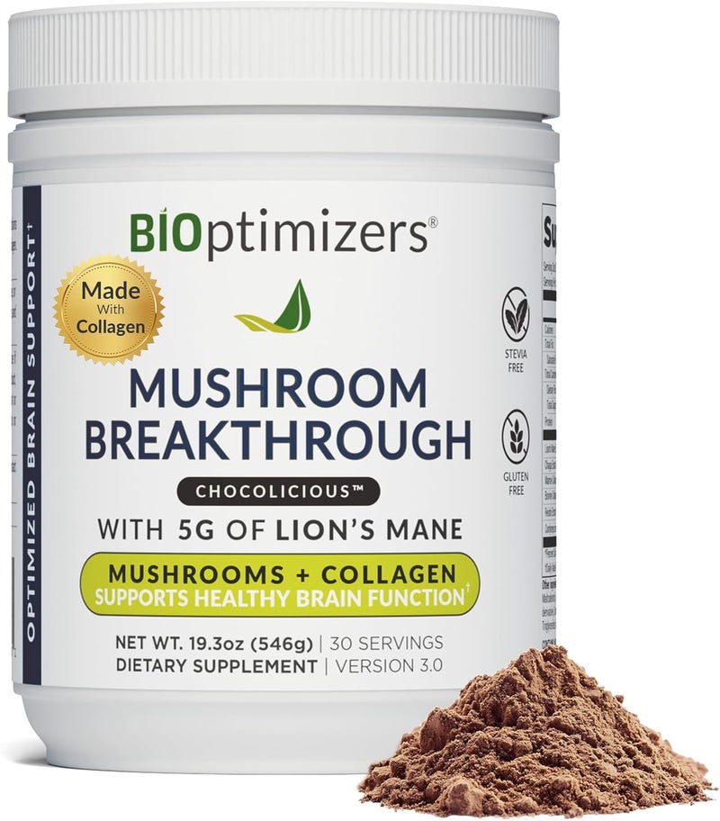 BiOptimizers Mushroom Coffee Alternative  Chocolate Drink  Lions Mane Chaga Reishi  Collagen Peptides for Focus Energy  Gut Health  Adaptogenic Mushrooms  MCT Powder  30 Servings - Image 1
