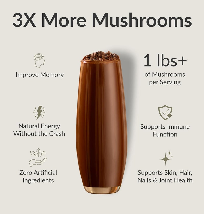 BiOptimizers Mushroom Coffee Alternative  Chocolate Drink  Lions Mane Chaga Reishi  Collagen Peptides for Focus Energy  Gut Health  Adaptogenic Mushrooms  MCT Powder  30 Servings - Image 2