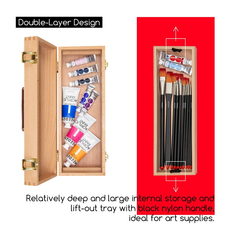 MEEDEN Medium Art Supply Storage Box - Multi-Function Solid Beech Wooden Chest/Art Tool Box with Lift Out Trays for Paint Brush, Pencil, Pastel, and More Art Supplies 14-1/5"W Ã— 5-1/8"D Ã— 4-1/3"H - Image 5