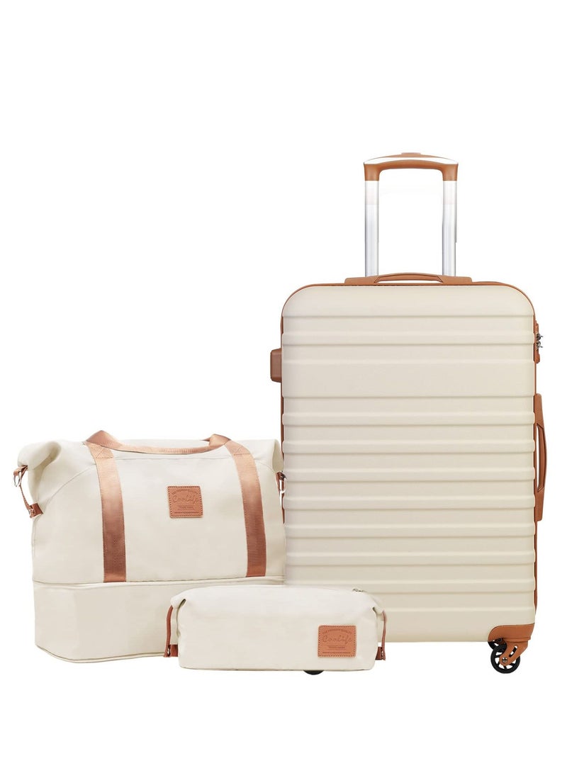Coollife Suitcase Trolley Carry On Hand Cabin Luggage Hard Shell Travel Bag Lightweight with TSA Lock,The Suitcase Included 1pcs Travel Bag and 1pcs Toiletry Bag (White/Brown, 24 Inch Luggage Set) - Image 1