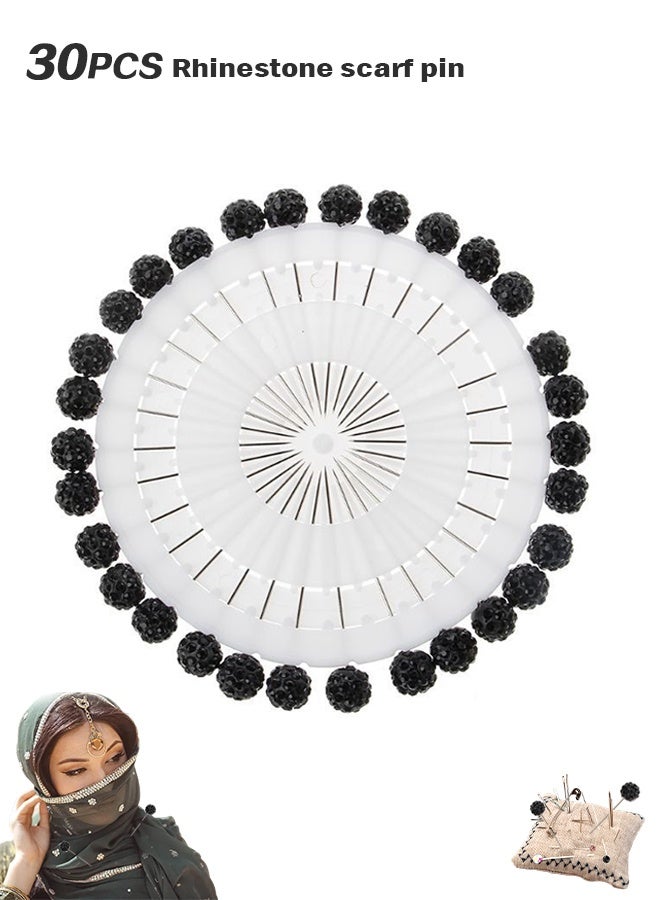 Sweet Life 30PCS Hijab Pins with Safety Caps - Black Crystal Rhinestone Ball Muslim Hijab Scarf Pins - Image 1