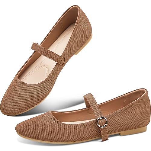 Obtaom Mary Jane Flat Shoes Round Toe Ballet Flats for Women Dressy Fabric Business Flats Comfortable Classic Strap Flats for Office(Brown,US7) - Image 1