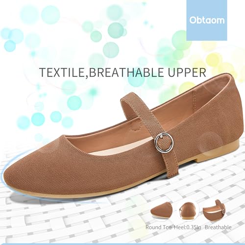 Obtaom Mary Jane Flat Shoes Round Toe Ballet Flats for Women Dressy Fabric Business Flats Comfortable Classic Strap Flats for Office(Brown,US7) - Image 4
