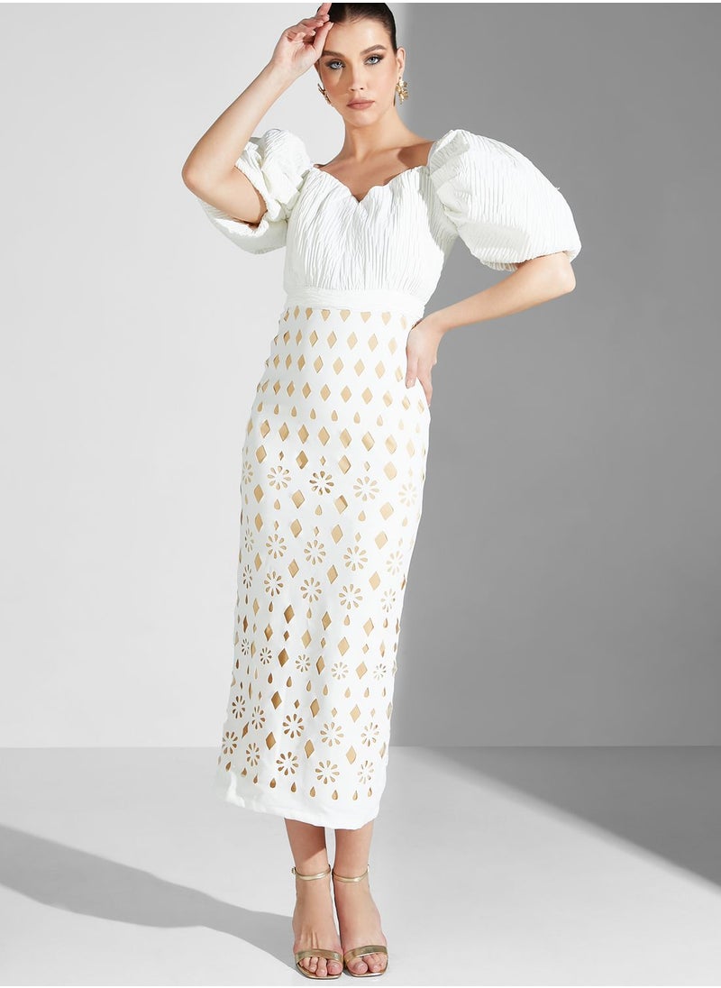 Threadz by Ajooni - Balloon Sleeve Laser Cut Dress - Image 1