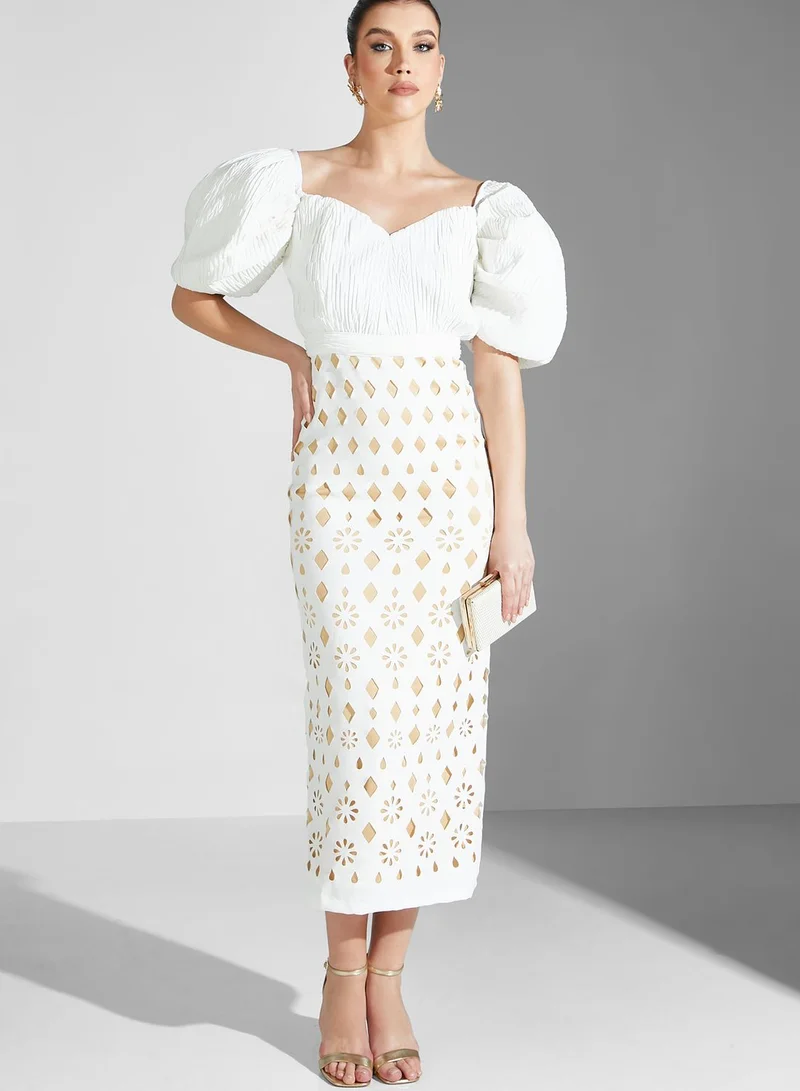 Threadz by Ajooni Balloon Sleeve Laser Cut Dress