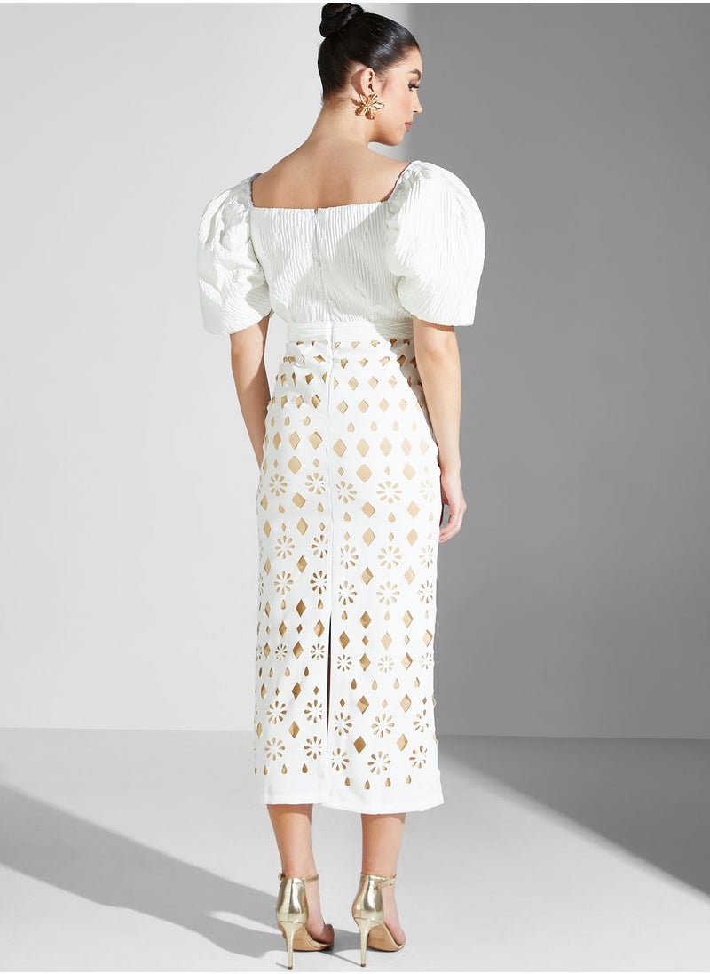 Threadz by Ajooni - Balloon Sleeve Laser Cut Dress - Image 1