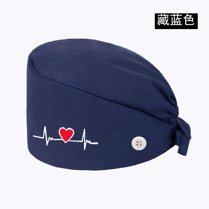 Solid Color Cotton Surgical Cap Embroidery Nurse Work Dust Hat Navy blue heart-shaped embroidery