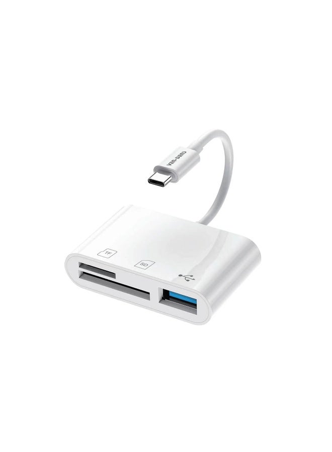 محول فين-دنس VD-ADP001 ثلاثي الوظائف من تايب-سي إلى USB 3.0 وSD وTF لقراءة البيانات (أبيض) – نقل بيانات عالي السرعة، توصيل وتشغيل فوري، مثالي لأجهزة الكمبيوتر المحمولة والأجهزة اللوحية والهواتف الذكية بمنفذ تايب-سي
