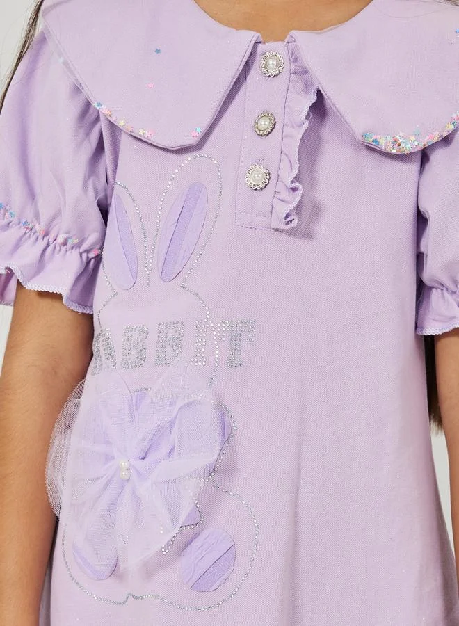 Styli Rabbit Graphic Applique Detail Collared Dress