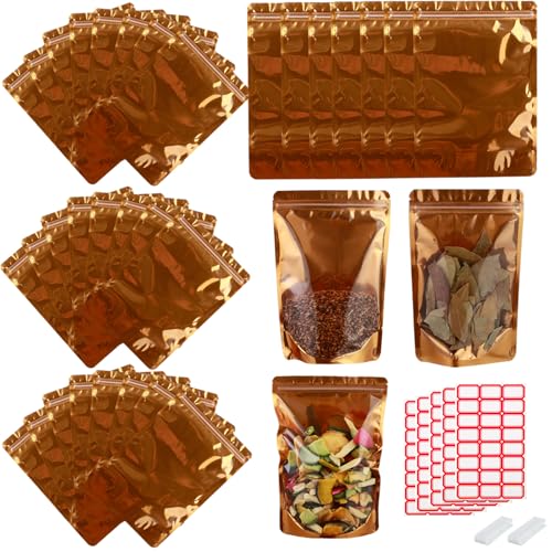 lucpur 200-pack 3.9” x 5.9” Stand Up Mylar Bags with Clear Window Resealable Foil Pouches for Food Storage Smell Proof Edible Packaging Zip Bag for jewelries Small Business, Small Zip Bag Bulk, Golden - Image 1