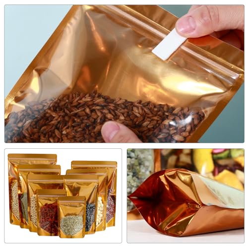 lucpur 200-pack 3.9” x 5.9” Stand Up Mylar Bags with Clear Window Resealable Foil Pouches for Food Storage Smell Proof Edible Packaging Zip Bag for jewelries Small Business, Small Zip Bag Bulk, Golden - Image 5