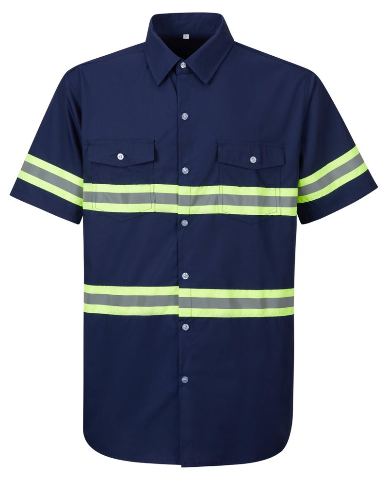Ousafeve Class 3 Navy Hi Vis Button Up Safety Work Shirts for Men Reflective (Large, Navy_Short) - Image 1