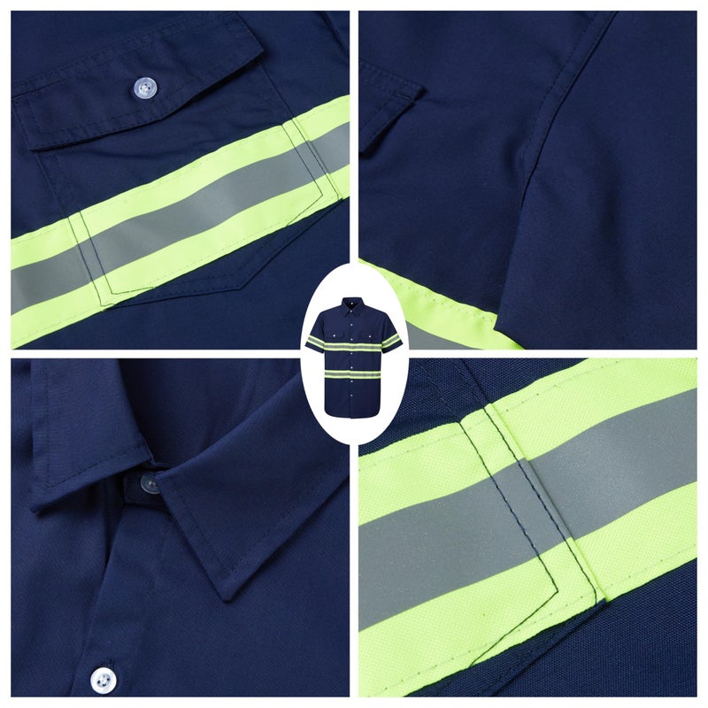 Ousafeve Class 3 Navy Hi Vis Button Up Safety Work Shirts for Men Reflective (Large, Navy_Short) - Image 5