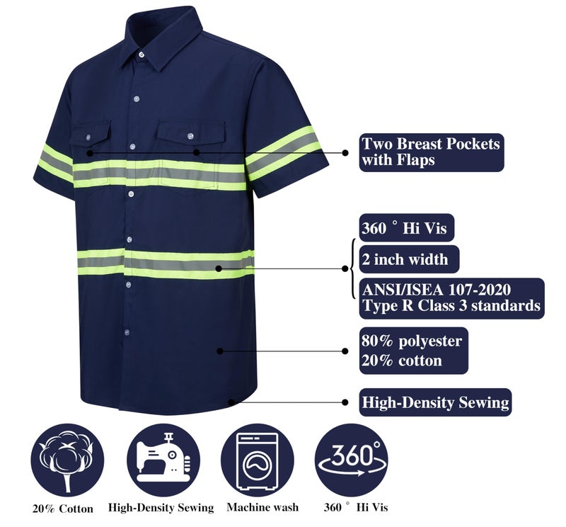 Ousafeve Class 3 Navy Hi Vis Button Up Safety Work Shirts for Men Reflective (Large, Navy_Short) - Image 4