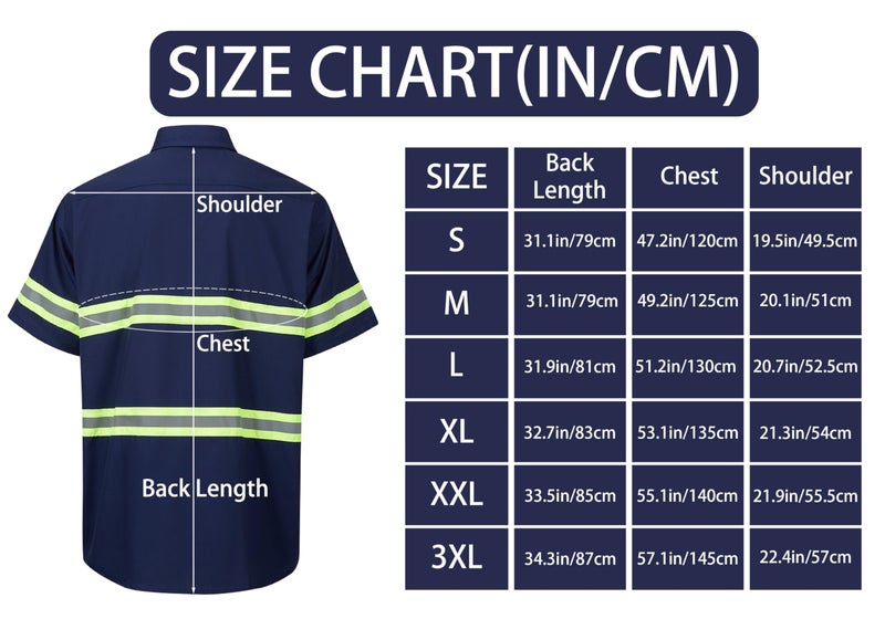 Ousafeve Class 3 Navy Hi Vis Button Up Safety Work Shirts for Men Reflective (Large, Navy_Short) - Image 3