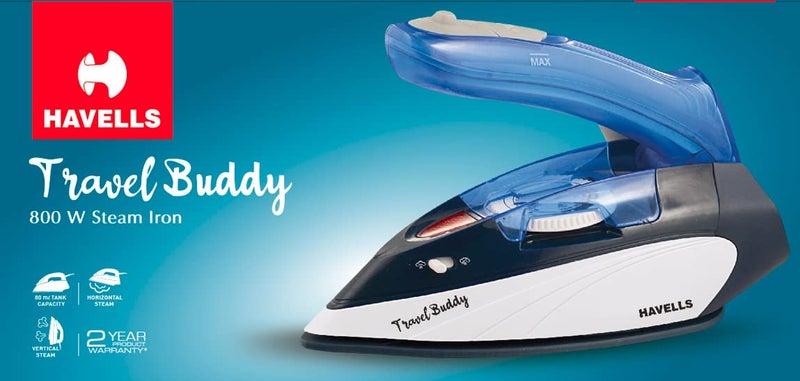 Havells Plastic Travel Buddy 800 Watt Steam Iron With Steam Burst, Cermanic Sole Plate, Foladable Handle, Horizontal & Vertical Steaming, 2 Years Warranty. (Blue Grey), 800 Watts - Image 2