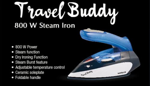 Havells Plastic Travel Buddy 800 Watt Steam Iron With Steam Burst, Cermanic Sole Plate, Foladable Handle, Horizontal & Vertical Steaming, 2 Years Warranty. (Blue Grey), 800 Watts - Image 3