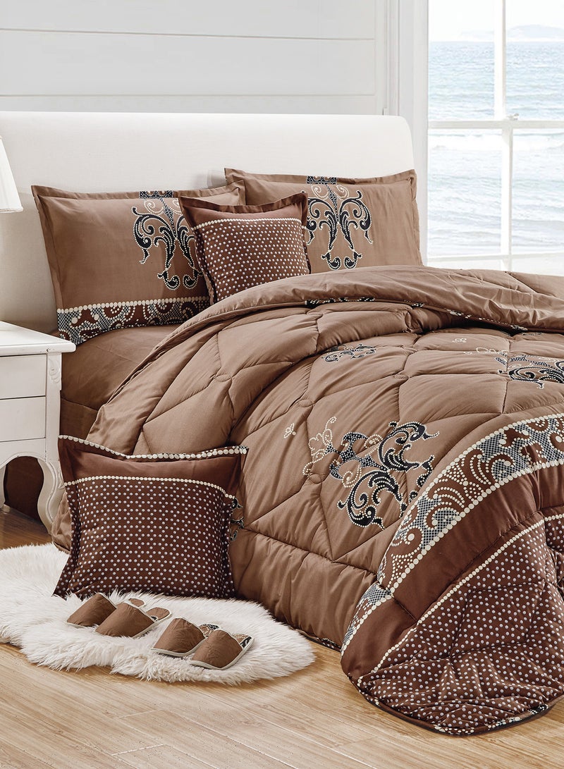 Moon Bed In A Bag Medium Filling King Size Comforter Set, 10 Pcs Floral Bedding Set Size 220 X 240 Cm with Comforter, Quilted Bed Skirt, Pillowcases, Cushion & Bedroom Slipper, Multicolor  - Image 1
