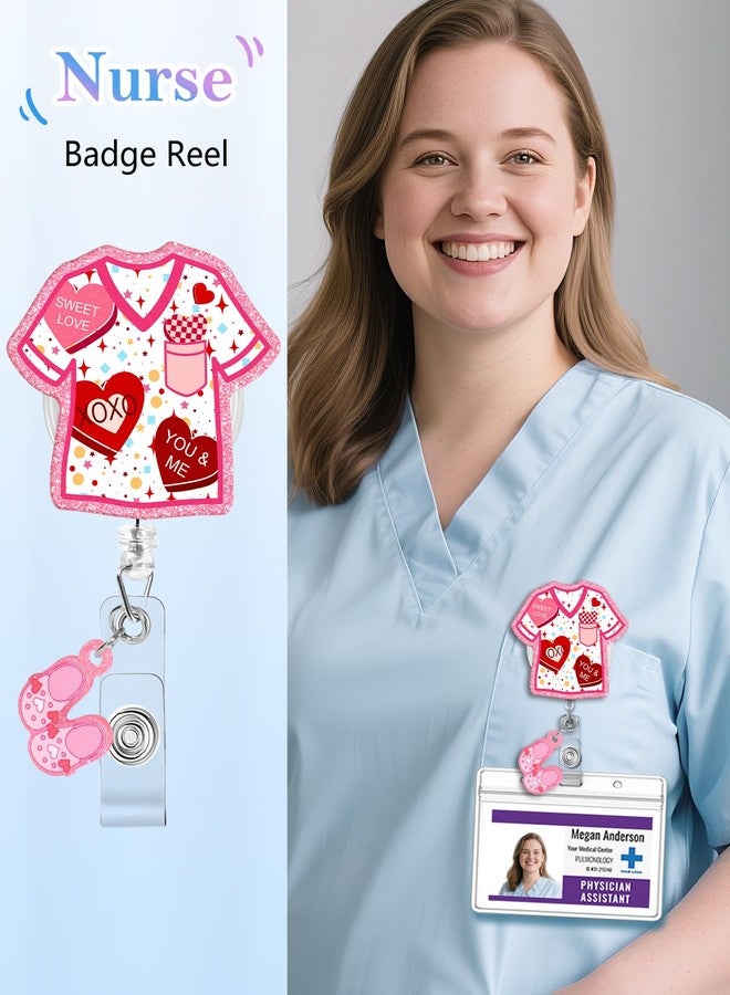 Besoar Valentine Badge Reel Holder Clip - Cute Pink Nurse Scrubs Heart Retractable ID Name Card Badge Reel with Charm Alligator Clip, Office Nurse Nursing Medical Worker Student Accessories Gifts - Image 2