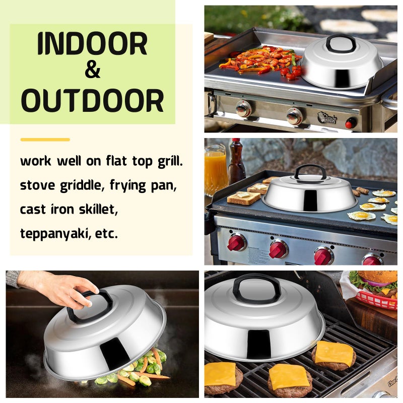 HaSteeL Cheese Melting Dome Set of 2, 12 Inch Round Basting Cover Metal Steam Cover, Stainless Steel Griddle Accessories for Flat Top Grill/Outdoor BBQ/Kitchen Cooking - Image 5