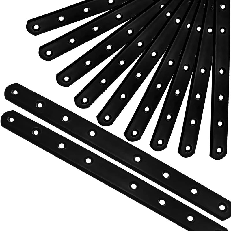 12Pack Straight Brackets Black10Inch 250MM Mending Plate Metal Brackets for Brace Heavy Duty Joining Plates for Wood Fence Bookcase Cabinet Straight Brace Repairing Mending Plates