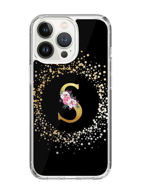 Classic Clear Case For iPhone 14 Pro, Hybrid Soft Case Flexible Edges Thin Cover- Custom Monogram Initial Letter Floral Pattern Alphabet - S (Black)