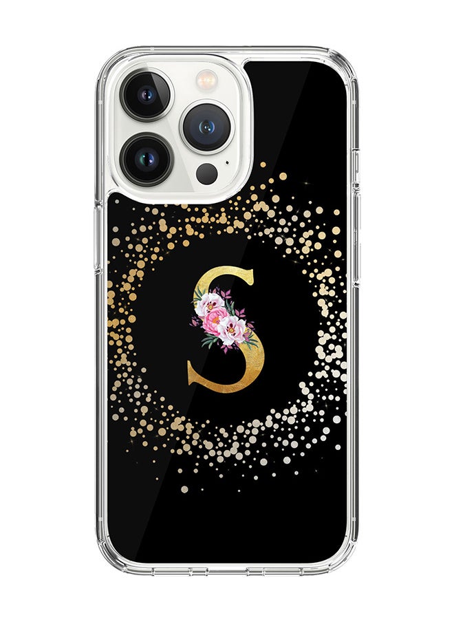 Classic Clear Case For iPhone 14 Pro, Hybrid Soft Case Flexible Edges Thin Cover- Custom Monogram Initial Letter Floral Pattern Alphabet - S (Black)