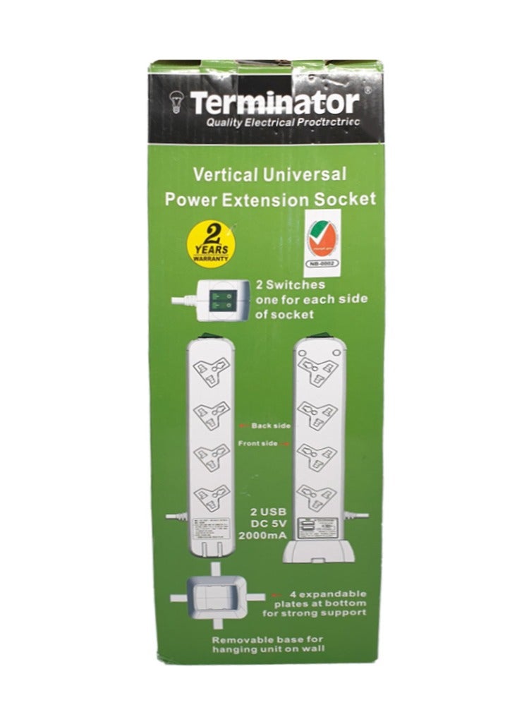 Terminator Vertical Universal Power Extension 4 Socket USB With 2 Switches 3 Meter Cable - Image 1