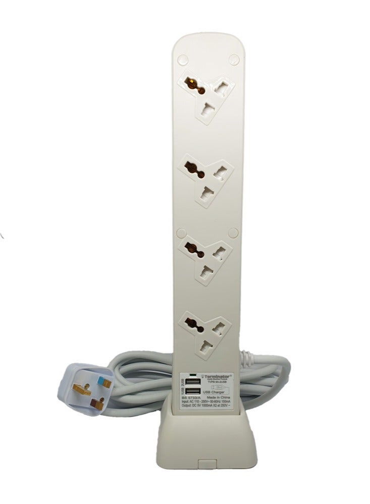 Terminator Vertical Universal Power Extension 4 Socket USB With 2 Switches 3 Meter Cable - Image 2
