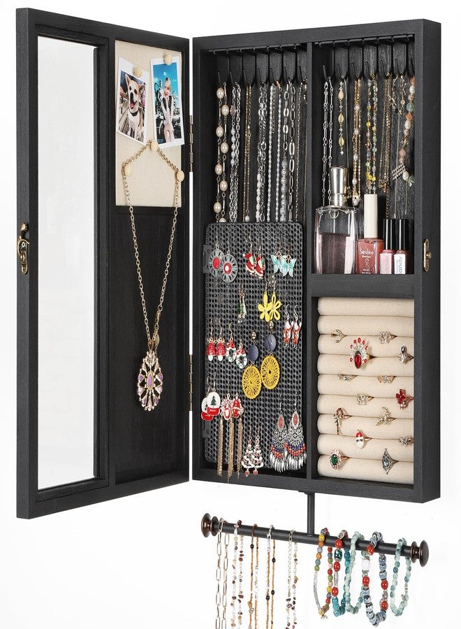Keebofly Wall Mounted Jewelry Organizer With Rustic Wood Large Space Jewelry Cabinet, Holder, Storage Box for Necklaces, Earrings, Bracelets, Ring Holder, and Accessories Black - Image 1